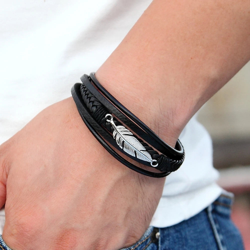 Bracelet Noir Homme en Cuir